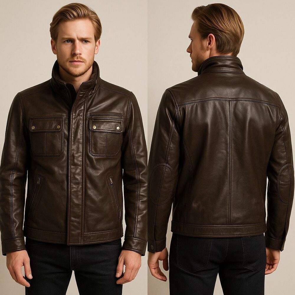 GUESS Brown Leather Moto Field Jacket XL – Genuine Leather – Rare 11PLA1001
